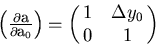 \begin{displaymath}
\begin{array}
{lll}
 \left(\frac{\partial {\bf a}}{\partial ...
 ...a}_0}\right)
 = \pmatrix{ 1 & \Delta y_0 \cr 0 & 1 }\end{array}\end{displaymath}